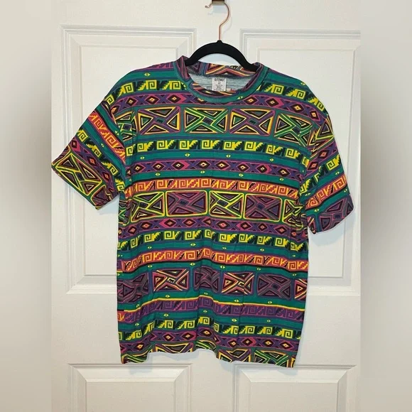 Vintage Gitano 90s Geometric Tribal Print Tee Shirt Medium Made Brazil - Picture 1 of 6